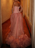 Ndyad Pink Strapless A-Line Tulle Long Prom Dresses Formal Evening Gowns HZ1024