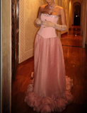 Ndyad Pink Strapless A-Line Tulle Long Prom Dresses Formal Evening Gowns HZ1024