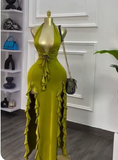 Ndyad Olive Green Deep V Neck Bodycon Party Dress Sexy Satin Slit Evening Gowns HZ1024
