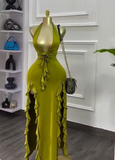 Ndyad Olive Green Deep V Neck Bodycon Party Dress Sexy Satin Slit Evening Gowns HZ1024