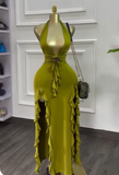 Ndyad Olive Green Deep V Neck Bodycon Party Dress Sexy Satin Slit Evening Gowns HZ1024