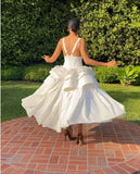 Ndyad White Deep V Neck A-Line Jacquard Satin Party Dress Simple Evening Gowns HZ1024