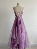 Ndyad Purple Spaghetti Straps A-Line Tulle Long Prom Dresses Gothic Formal Evening Gowns HZ1024