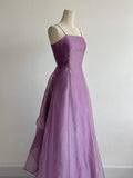 Ndyad Purple Spaghetti Straps A-Line Tulle Long Prom Dresses Gothic Formal Evening Gowns HZ1024