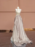 Ndyad Champagne V-neck A-Line Beaded Tulle Long Prom Dresses Formal Evening Gowns HZ1024
