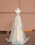 Ndyad Champagne V-neck A-Line Beaded Tulle Long Prom Dresses Formal Evening Gowns HZ1024