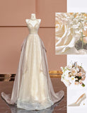 Ndyad Champagne V-neck A-Line Beaded Tulle Long Prom Dresses Formal Evening Gowns HZ1024
