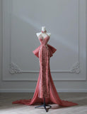 Ndyad Dark Peach Mandarin Collar Sheath Printed Velvet Long Prom Dresses Formal Evening Gowns HZ1024