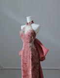 Ndyad Dark Peach Mandarin Collar Sheath Printed Velvet Long Prom Dresses Formal Evening Gowns HZ1024