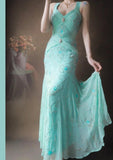 Ndyad Tiffany Blue V-neck Mermaid Chiffon Beaded Long Prom Dresses Backless Formal Evening Gowns HZ1024
