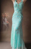 Ndyad Tiffany Blue V-neck Mermaid Chiffon Beaded Long Prom Dresses Backless Formal Evening Gowns HZ1024