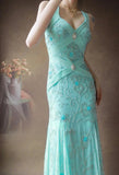 Ndyad Tiffany Blue V-neck Mermaid Chiffon Beaded Long Prom Dresses Backless Formal Evening Gowns HZ1024