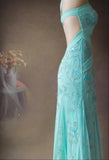 Ndyad Tiffany Blue V-neck Mermaid Chiffon Beaded Long Prom Dresses Backless Formal Evening Gowns HZ1024