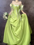 Ndyad Green Off Shoulder A-Line Satin Long Prom Dresses Formal Evening Gowns HZ1024
