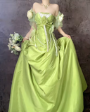 Ndyad Green Off Shoulder A-Line Satin Long Prom Dresses Formal Evening Gowns HZ1024
