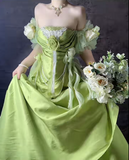 Ndyad Green Off Shoulder A-Line Satin Long Prom Dresses Formal Evening Gowns HZ1024
