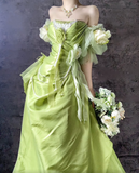 Ndyad Green Off Shoulder A-Line Satin Long Prom Dresses Formal Evening Gowns HZ1024