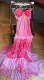 Ndyad Pink Straps Mermaid Satin Long Prom Dresses Formal Evening Gowns HZ1024