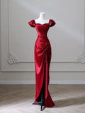 Evafashion Satin Burgundy Long Prom Dress, Mermaid Burgundy Long Formal Dress HZ1024