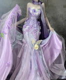Ndyad Purple Strapless Mermaid Tulle Applique Long Prom Dresses Sweet 16 Evening Gowns HZ1024