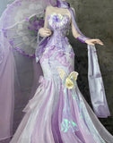 Ndyad Purple Strapless Mermaid Tulle Applique Long Prom Dresses Sweet 16 Evening Gowns HZ1024