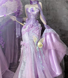 Ndyad Purple Strapless Mermaid Tulle Applique Long Prom Dresses Sweet 16 Evening Gowns HZ1024