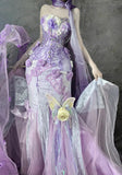 Ndyad Purple Strapless Mermaid Tulle Applique Long Prom Dresses Sweet 16 Evening Gowns HZ1024