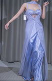 Ndyad Purple Sweetheart Neck Sheath Satin Chiffon Long Prom Dresses Formal Evening Gowns HZ1024