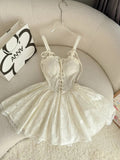 Ndyad Off-white Spaghetti Straps A-Line Lace Short Prom Dresses Homecoming Dresses HZ1024