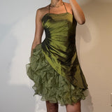 Ndyad Dark Green Spaghetti Strap A-Line Satin Tulle Short Prom Dresses Homecoming Dresses HZ1024