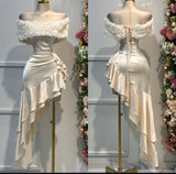 Ndyad Light Champagne Off-the-shoulder Bodycon Satin Ruffle Short Prom Dresses Homecoming Dresses HZ1024