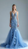 Ndyad Blue Deep V Neck Tulle Mermaid Applique Long Prom Dresses Formal Evening Dress HZ1024