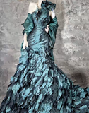 Ndyad Teal One Shoulder Mermaid Taffeta Long Prom Dresses Formal Evening Dresses HZ1024
