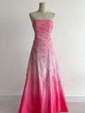 Ndyad Gradient Pink Strapless A-Line Satin Prom Dresses Vintage Beaded Evening Gowns HZ1024