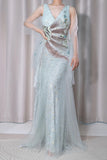 Ndyad Light Green V-Neck Tulle A-Line Lace Sequins Prom Dresses Formal Backless Evening Gowns HZ1024