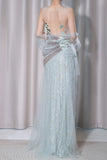 Ndyad Light Green V-Neck Tulle A-Line Lace Sequins Prom Dresses Formal Backless Evening Gowns HZ1024