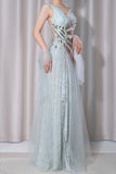 Ndyad Light Green V-Neck Tulle A-Line Lace Sequins Prom Dresses Formal Backless Evening Gowns HZ1024