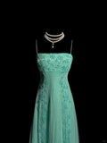 Ndyad Green Spaghetti Straps Satin Beading Empire Prom Dresses Vintage Formal Evening Gowns HZ1024
