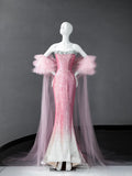 Ndyad Pink Strapless Mermaid Sequin Long Prom Dresses Formal Evening Gowns HZ1024