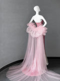 Ndyad Pink Strapless Mermaid Sequin Long Prom Dresses Formal Evening Gowns HZ1024