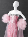 Ndyad Pink Strapless Mermaid Sequin Long Prom Dresses Formal Evening Gowns HZ1024