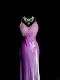 Ndyad Purple V-neck Mermaid Satin Backless Prom Dresses Formal Evening Gowns HZ1024