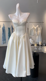 Ndyad Cream Spaghetti Straps A-Line Satin Short Prom Dresses Birthday Evening Gowns HZ1024