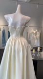 Ndyad Cream Spaghetti Straps A-Line Satin Short Prom Dresses Birthday Evening Gowns HZ1024
