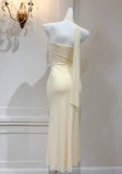 Ndyad Butter Yellow Asymmetric Neck Chiffon Bodycon Party Dress Short Prom Dresses HZ1024