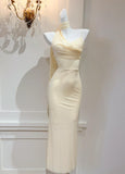 Ndyad Butter Yellow Asymmetric Neck Chiffon Bodycon Party Dress Short Prom Dresses HZ1024