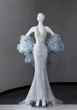Ndyad Silver V-neck Mermaid Beaded Sequin Long Prom Dresses Train Wedding Dress HZ1024