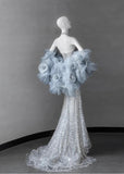 Ndyad Silver V-neck Mermaid Beaded Sequin Long Prom Dresses Train Wedding Dress HZ1024