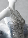 Ndyad Silver V-neck Mermaid Beaded Sequin Long Prom Dresses Train Wedding Dress HZ1024