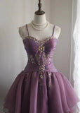 Ndyad Spaghetti Straps Purple A-Line Tulle Short Prom Dresses Homecoming Dresses with Rhinestones HZ1024